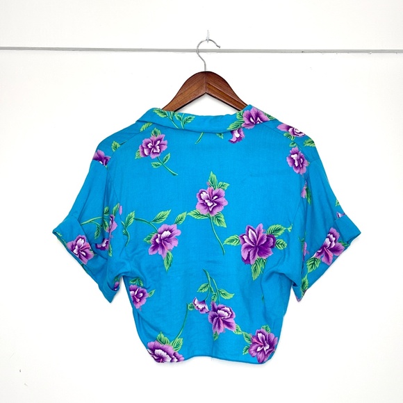 VTG Made in Hawaii Crop Top Hawaiian Button-Up Tie Shirt Blue Floral - Picture 2 of 5